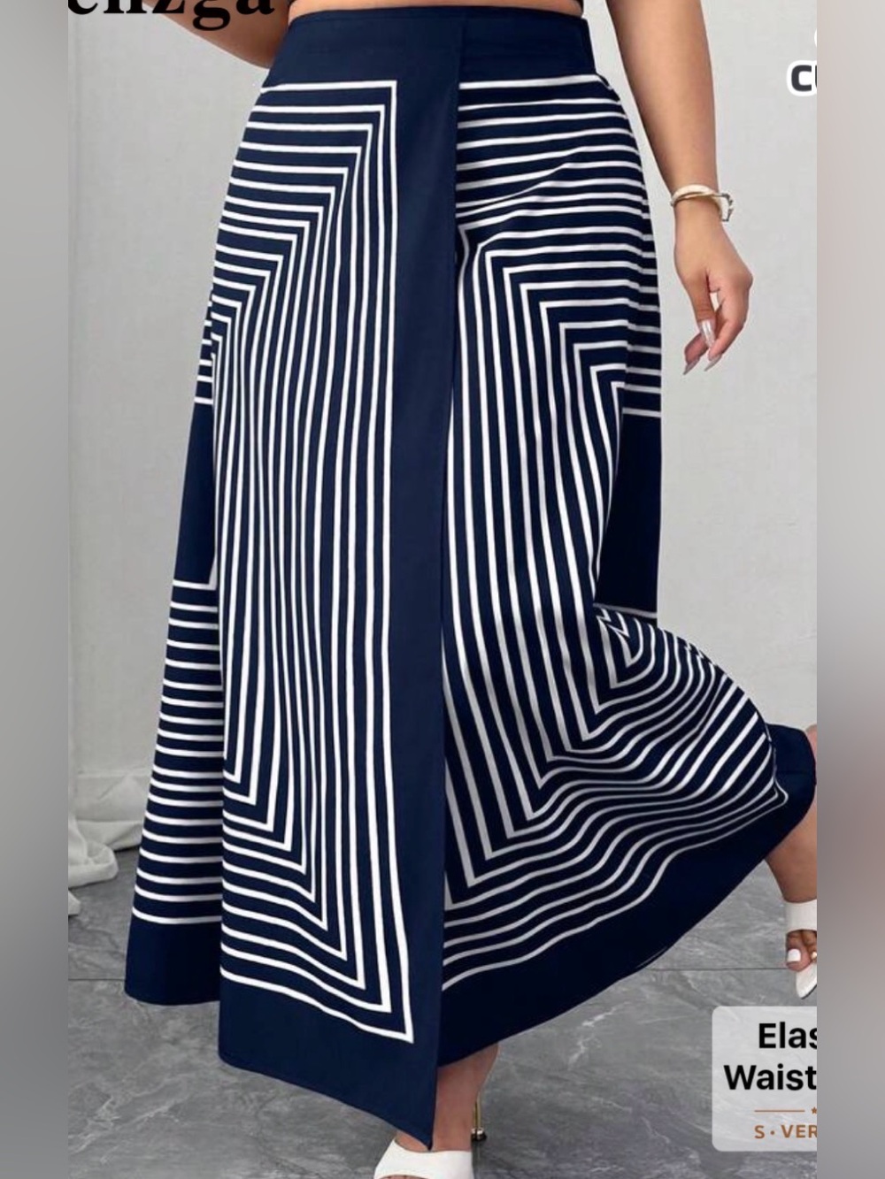 SHEIN Elenzya Blue & Whte Geometric Striped Print Faux Wrap Maxi Skirt 4XL NWOT